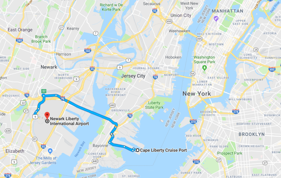 A map of New York and New Jersey highlighting the route from Newark airport to Cape Liberty Cruise Port