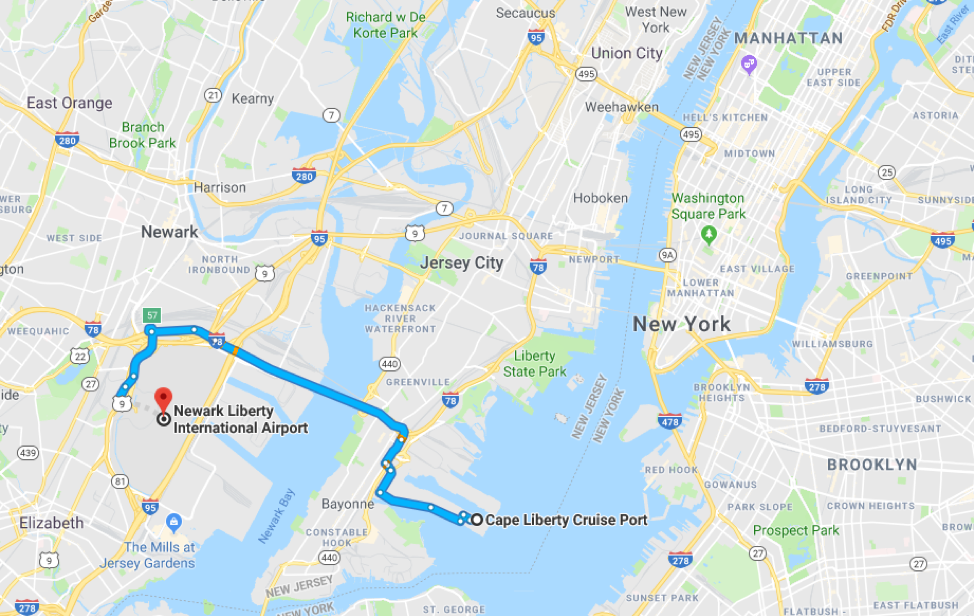 Et kort over New York og New Jersey, der fremhæver ruten fra Newark lufthavn til Cape Liberty Cruise Port