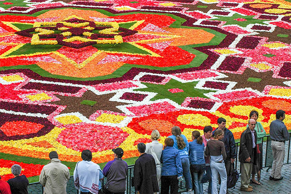 a group of people looking at a wall of flowers