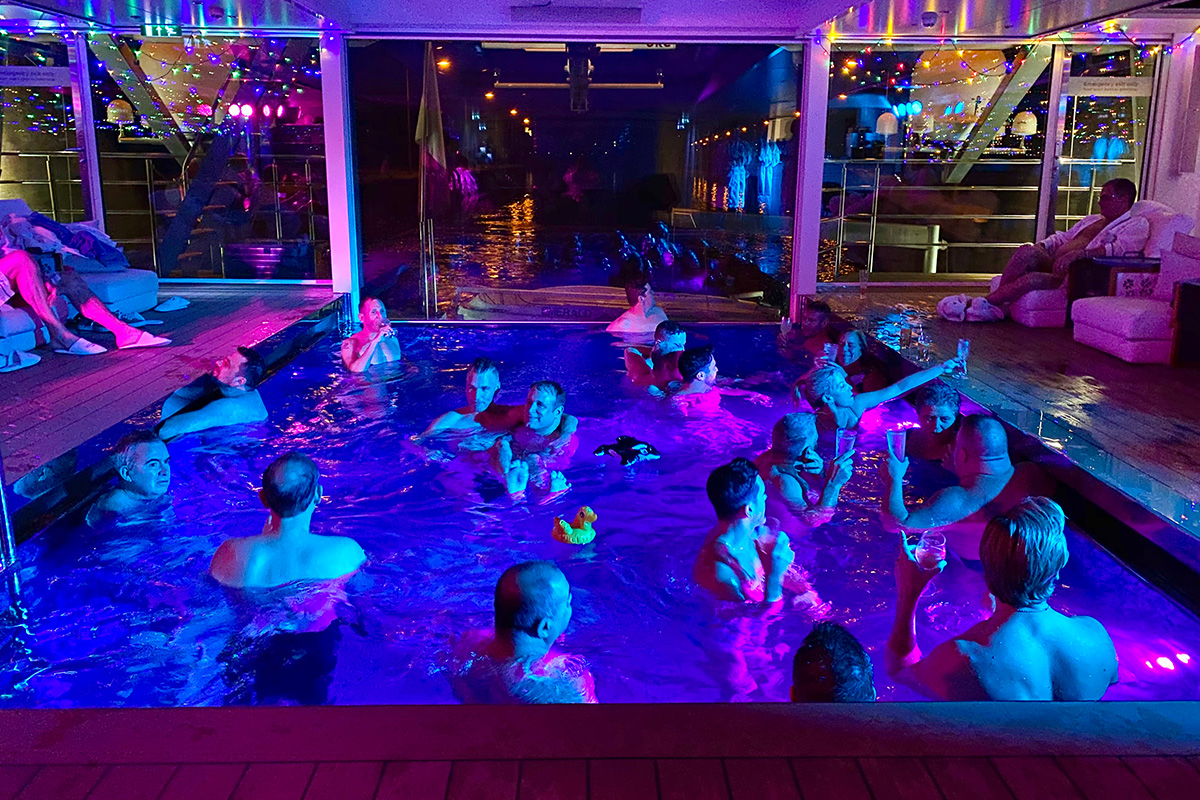 a group of people in a pool